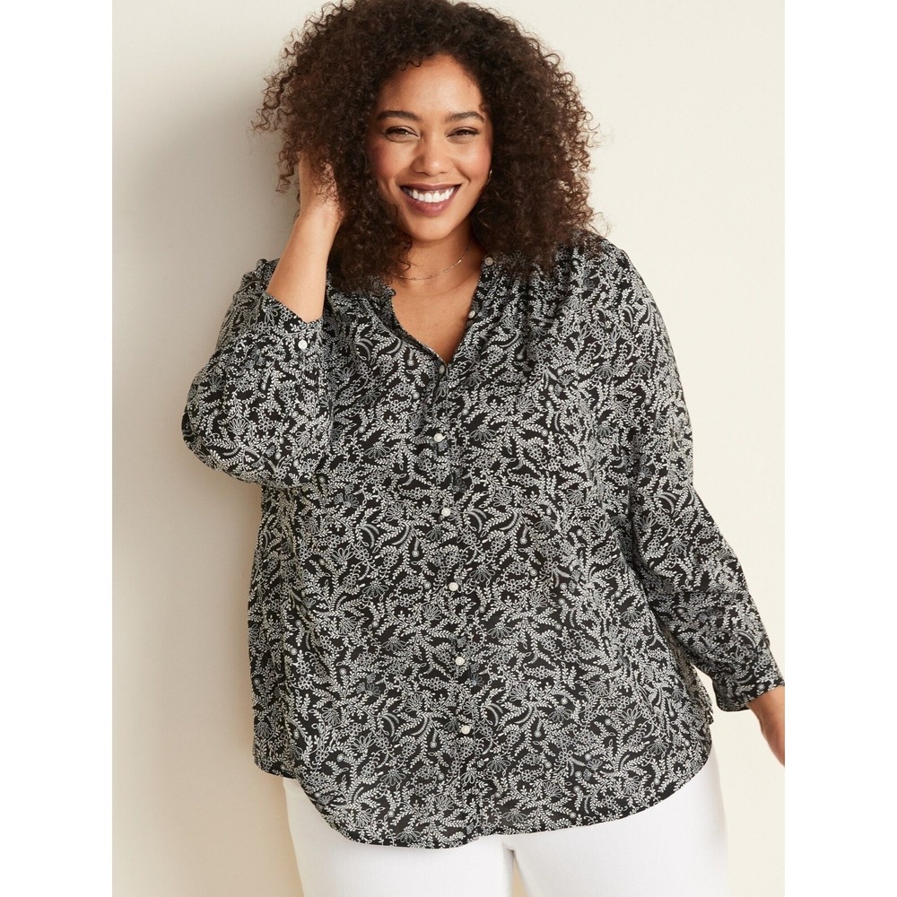 Old Navy Womens XL Black White Floral Button Up Blouse Long Sleeve Shirt Top